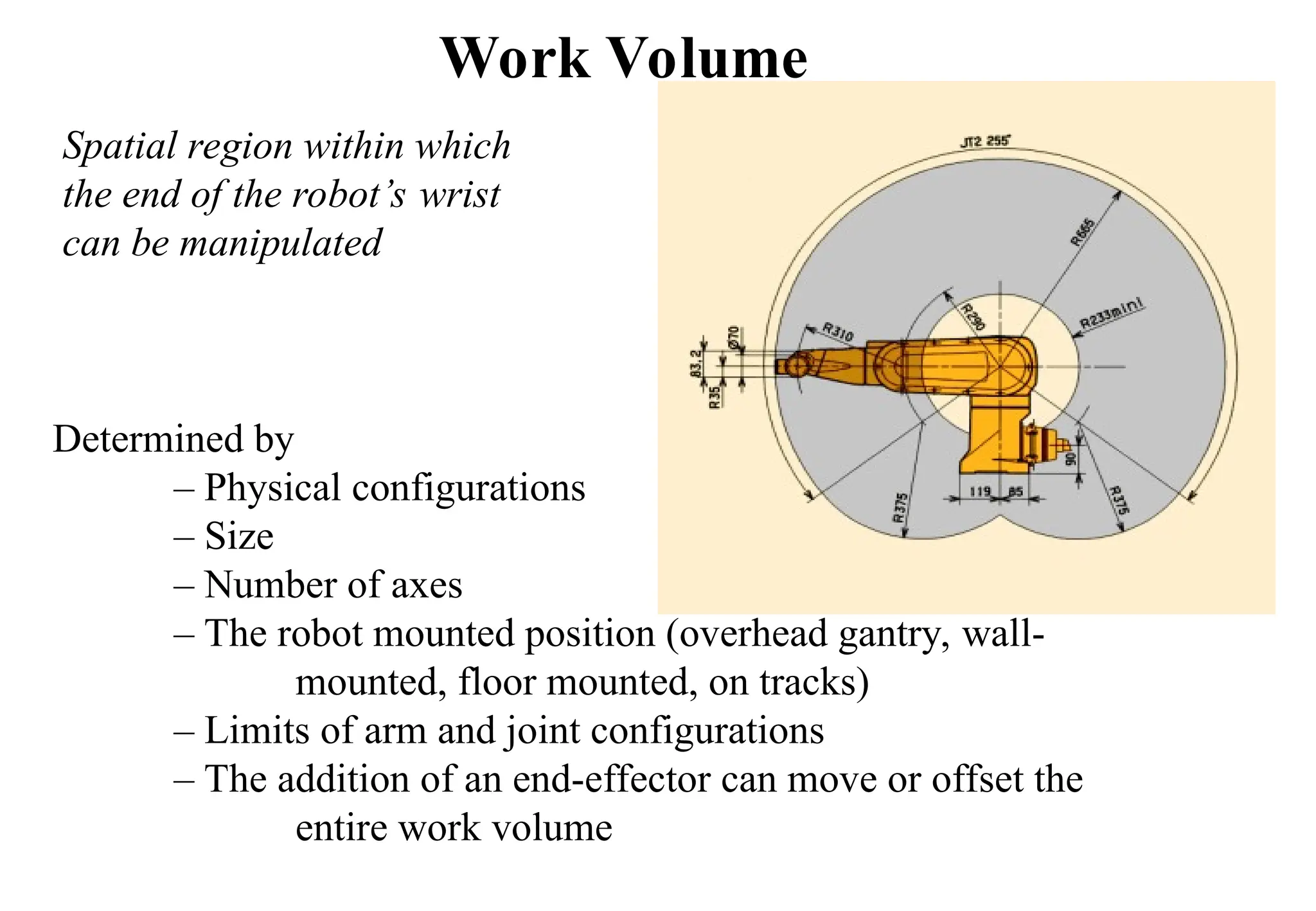 Determined by
– Physical configurations
– Size
– Number of axes
– The robot mounted position (overhead gantry, wall-
mounted, floor mounted, on tracks)
– Limits of arm and joint configurations
– The addition of an end-effector can move or offset the
entire work volume
Work Volume
Spatial region within which
the end of the robot’s wrist
can be manipulated
 