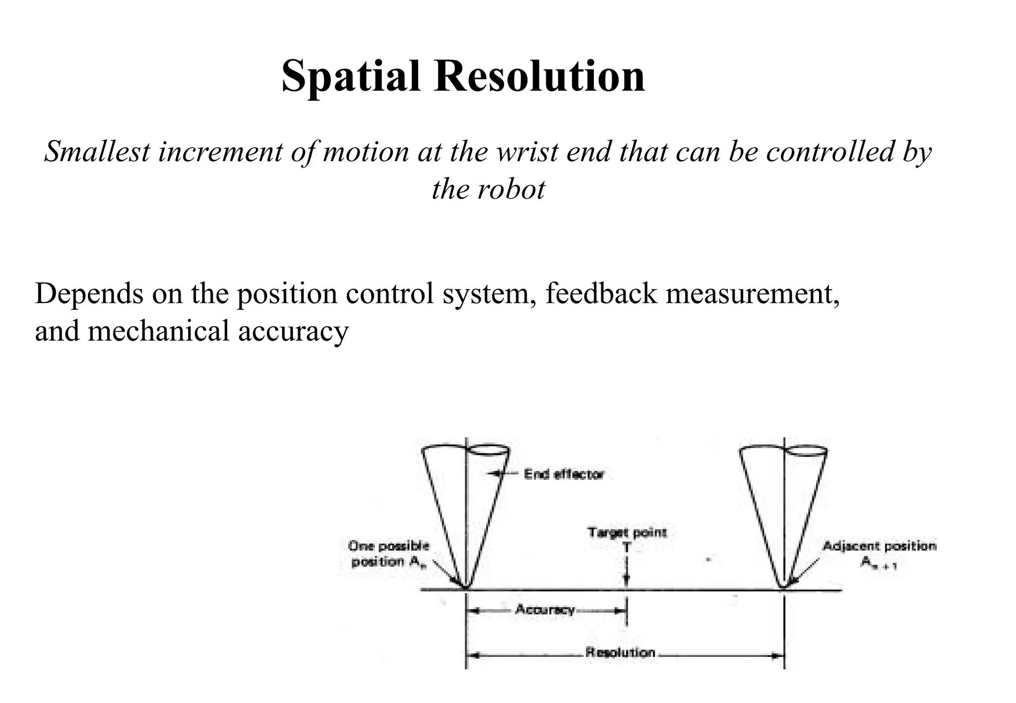 Depends on the position control system, feedback measurement,
and mechanical accuracy
Spatial Resolution
Smallest increment of motion at the wrist end that can be controlled by
the robot
 