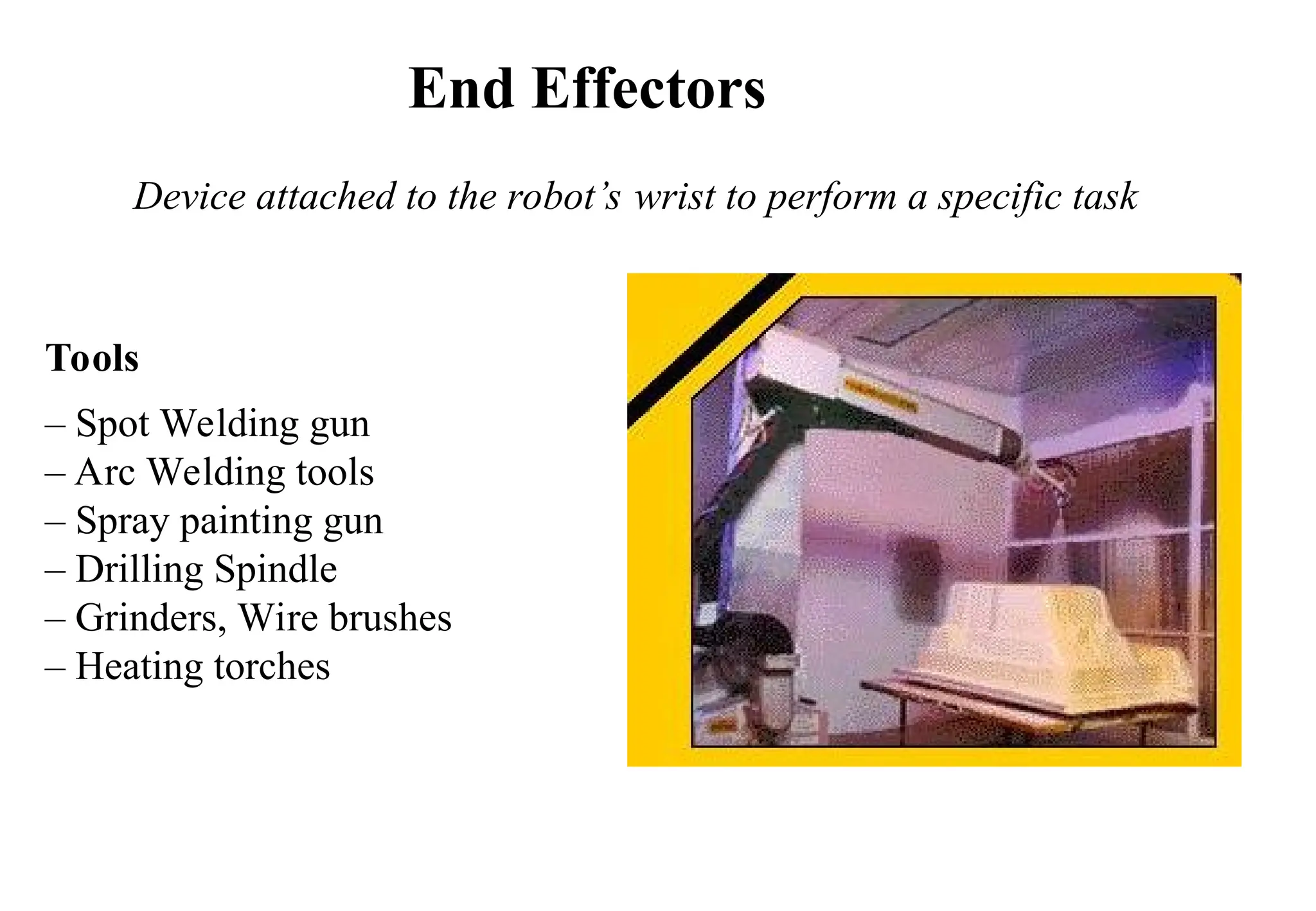 Tools
– Spot Welding gun
– Arc Welding tools
– Spray painting gun
– Drilling Spindle
– Grinders, Wire brushes
– Heating torches
End Effectors
Device attached to the robot’s wrist to perform a specific task
 