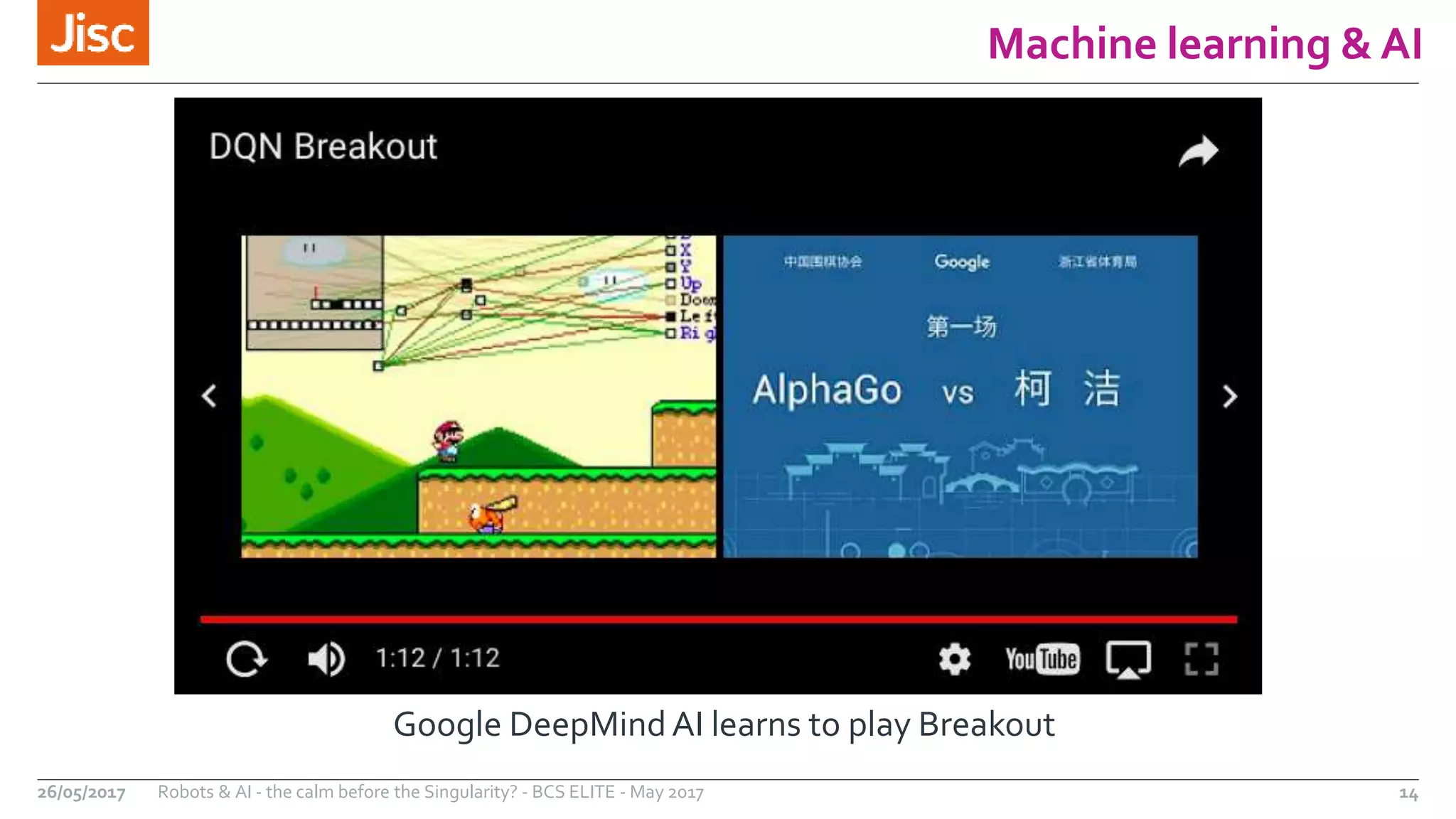 Machine learning & AI
14Robots & AI - the calm before the Singularity? - BCS ELITE - May 201726/05/2017
Google DeepMindAI learns to play Breakout
 