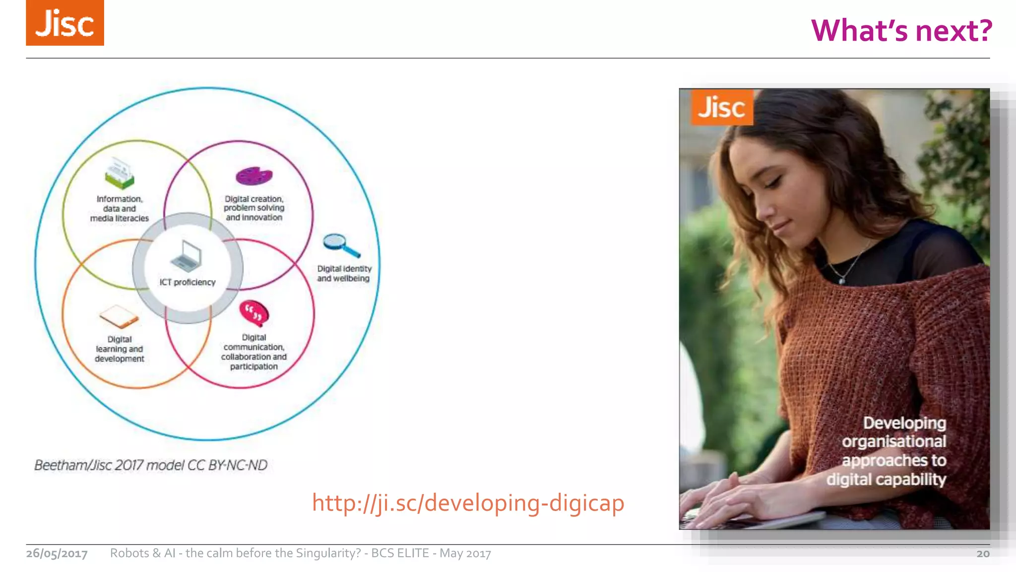 What’s next?
20Robots & AI - the calm before the Singularity? - BCS ELITE - May 201726/05/2017
http://ji.sc/developing-digicap
 