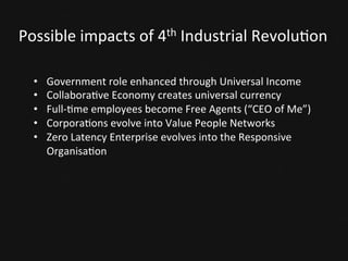 A	
  new	
  cyberne<c	
  rela<onship	
  
Second-­‐order	
  cyberne<cs	
  in	
  the	
  era	
  of	
  
machine	
  intelligence	
  
	
  
Humans	
  and	
  machines	
  working	
  together:	
  machines	
  
managing	
  complexity,	
  humans	
  providing	
  crea<vity	
  
From	
  knowing	
  what	
  you	
  do	
  not	
  know	
  and	
  searching	
  for	
  it	
  
	
  
…to	
  …	
  
	
  
…not	
  knowing	
  what	
  you	
  do	
  not	
  know	
  and	
  having	
  “someone”	
  to	
  help	
  you	
  discover	
  it	
  
	
  
 