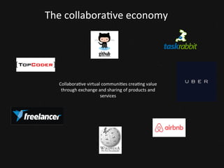 Possible	
  impacts	
  of	
  4th	
  Industrial	
  Revolu<on	
  
•  Government	
  role	
  enhanced	
  through	
  Universal	
  Income	
  
•  Collabora<ve	
  Economy	
  creates	
  universal	
  currency	
  
•  Full-­‐<me	
  employees	
  become	
  Free	
  Agents	
  (“CEO	
  of	
  Me”)	
  	
  
•  Corpora<ons	
  evolve	
  into	
  Value	
  People	
  Networks	
  	
  
•  Zero	
  Latency	
  Enterprise	
  evolves	
  into	
  the	
  Responsive	
  
Organisa<on	
  
 