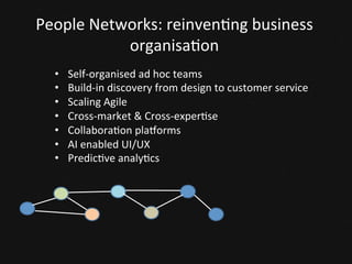 The	
  Responsive	
  Organisa<on	
  
An	
  agile,	
  client-­‐facing,	
  innova(ve	
  organiza(on	
  that	
  con(nuously	
  learns	
  and	
  op(mizes	
  talent	
  
and	
  technologies	
  in	
  order	
  to	
  deliver	
  superior	
  products	
  and	
  services.	
  
Machine	
  
Intelligence	
  
Applica<ons	
  
People	
  
Networks	
  
Business	
  Systems	
  
Learning	
  &	
  Conversa<ons	
  
Business	
  Applica<ons	
  
Business	
  App	
  Integra<on	
  
Virtual	
  Data	
  Store	
  
 