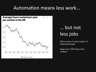 Automa<on	
  means	
  less	
  work…	
  
…	
  but	
  not	
  
less	
  jobs	
  
50%	
  increase	
  in	
  total	
  number	
  of	
  
employed	
  people	
  
	
  
Wage	
  rise	
  2.23%	
  faster	
  than	
  
inﬂa<on	
  
 