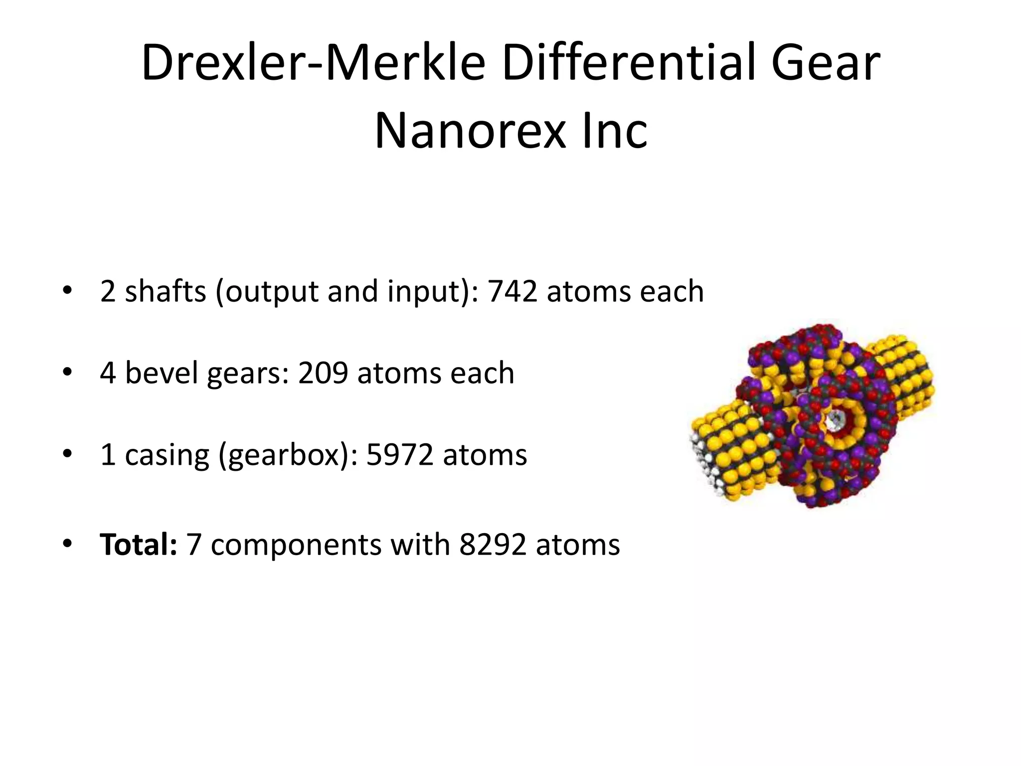 Drexler-Merkle Differential Gear
Nanorex Inc
• 2 shafts (output and input): 742 atoms each
• 4 bevel gears: 209 atoms each
• 1 casing (gearbox): 5972 atoms
• Total: 7 components with 8292 atoms
 