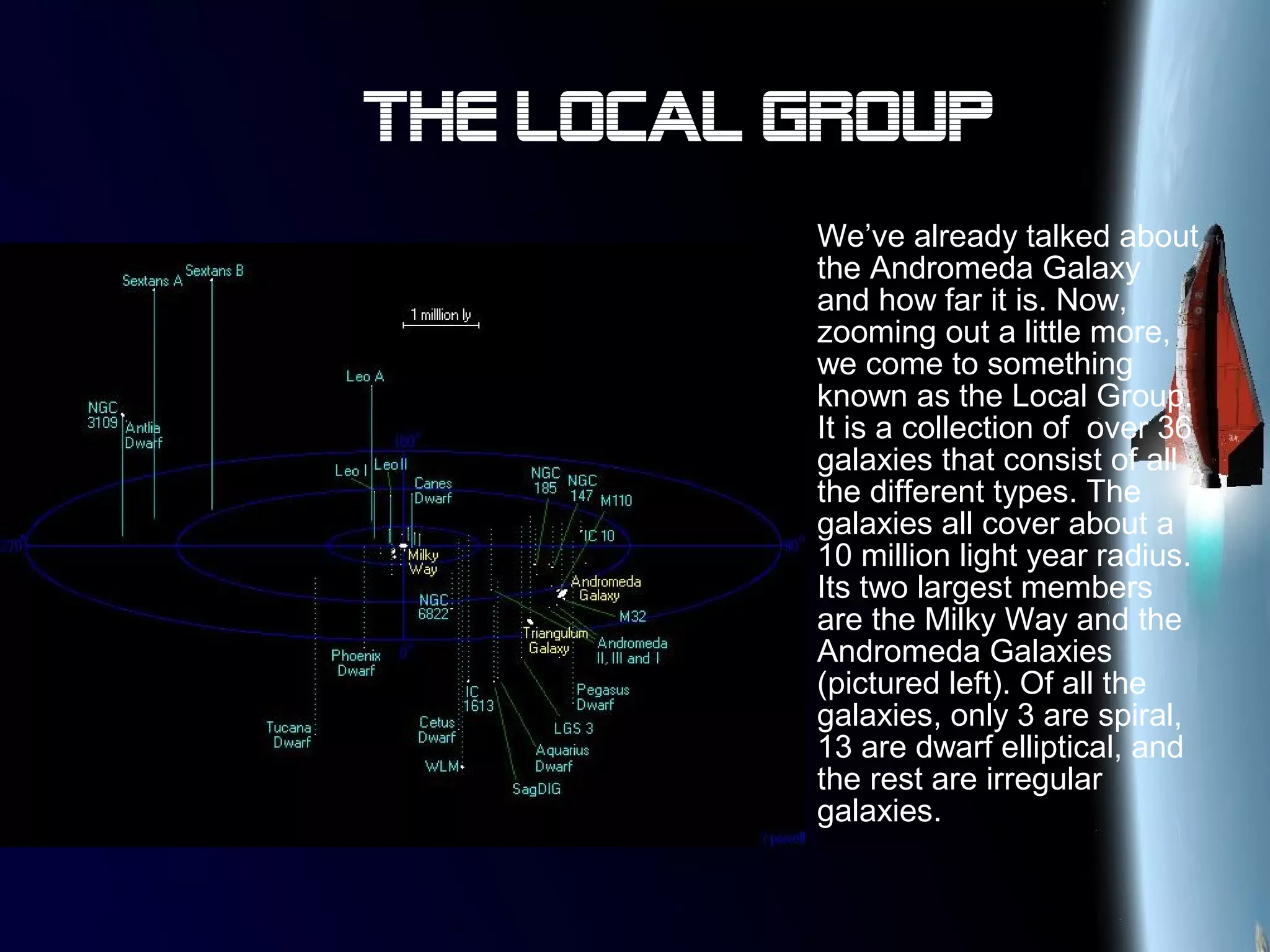 The Local group
We’ve already talked about
the Andromeda Galaxy
and how far it is. Now,
zooming out a little more,
we come to something
known as the Local Group.
It is a collection of over 36
galaxies that consist of all
the different types. The
galaxies all cover about a
10 million light year radius.
Its two largest members
are the Milky Way and the
Andromeda Galaxies
(pictured left). Of all the
galaxies, only 3 are spiral,
13 are dwarf elliptical, and
the rest are irregular
galaxies.
 