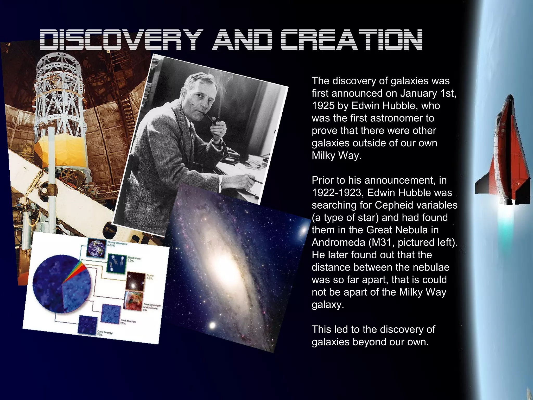 The discovery of galaxies was
first announced on January 1st,
1925 by Edwin Hubble, who
was the first astronomer to
prove that there were other
galaxies outside of our own
Milky Way.
Prior to his announcement, in
1922-1923, Edwin Hubble was
searching for Cepheid variables
(a type of star) and had found
them in the Great Nebula in
Andromeda (M31, pictured left).
He later found out that the
distance between the nebulae
was so far apart, that is could
not be apart of the Milky Way
galaxy.
This led to the discovery of
galaxies beyond our own.
Discovery and Creation
 