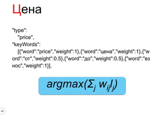Цена
     "type":
        "price",
     "keyWords":
        [{"word":"price","weight":1},{"word":"цена","weight":1},{"w
     ord":"от","weight":0.5},{"word":"до","weight":0.5},{"word":"вз
     нос","weight":1}],


                    argmax(Σj wijlj)

54
 