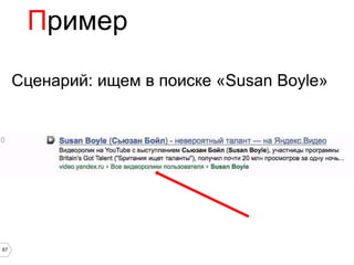 Пример

     Сценарий: ищем в поиске «Susan Boyle»




67
 