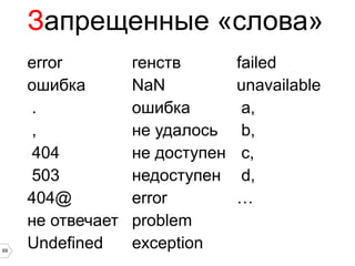 Запрещенные «слова»
     error         генств        failed
     ошибка        NaN           unavailable
     .             ошибка         a,
     ,             не удалось     b,
     404           не доступен    c,
     503           недоступен     d,
     404@          error         …
     не отвечает   problem
69
     Undefined     exception
 