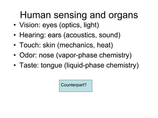 Human sensing and organs
• Vision: eyes (optics, light)
• Hearing: ears (acoustics, sound)
• Touch: skin (mechanics, heat)
• Odor: nose (vapor-phase chemistry)
• Taste: tongue (liquid-phase chemistry)
Counterpart?
 