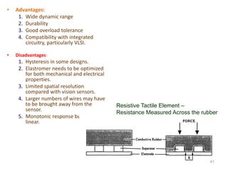 • Advantages:
1. Wide dynamic range
2. Durability
3. Good overload tolerance
4. Compatibility with integrated
circuitry, particularly VLSI.
• Disadvantages:
1. Hysteresis in some designs.
2. Elastromer needs to be optimized
for both mechanical and electrical
properties.
3. Limited spatial resolution
compared with vision sensors.
4. Larger numbers of wires may have
to be brought away from the
sensor.
5. Monotonic response but often not
linear.
41
Resistive Tactile Element –
Resistance Measured Across the rubber
 