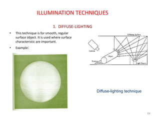 ILLUMINATION TECHNIQUES
1. DIFFUSE-LIGHTING
• This technique is for smooth, regular
surface object. It is used where surface
characteristic are important.
• Example:
64
Diffuse-lighting technique
 