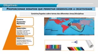 Cenários/tapetes sobre temas das diferentes áreas/disciplinas
Cenário:
Expansão
Marítima
Descrição:
O cenário representa
algumas rotas da
expansão marítima do
Império Português
Objetivos:
Conhecer personagens e
factos da história nacional;
Localizar Portugal no
planisfério.
Objetivo:
PROPORCIONAR DESAFIOS QUE PERMITAM DESENVOLVER A CRIATIVIDADE
 