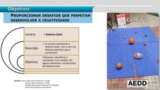 PROPORCIONAR DESAFIOS QUE PERMITAM
DESENVOLVER A CRIATIVIDADE
Cenário
Descrição
Objetivos
• Sistema Solar
• O cenário representa o
Sistema Solar, com o sol e os
diversos planetas que o
constituem
•Observar, identificar e
manipular, num modelo 3D,
alguns elementos constituintes
do Sistema Solar
Autores: Maria João Inácio (Professora 1º CEB)
Raluca Cabral (Professor 1º CEB)
Matilde Vasconcelos (Professora 1º CEB/AEC)
Sílvia Pinto (Professor Informática)
Objetivo:
Cenário
 