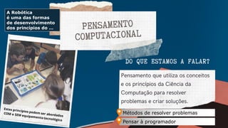 A Robótica
é uma das formas
de desenvolvimento
dos princípios do …
Métodos de resolver problemas
Pensar à programador
 