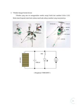 14
2. Vibrabot dengan bentuk hewan
Vibrabot yang satu ini menggunakan sumber energi listrik dari matahari (Solar Cell).
Robot akan bergerak tiada henti selama masih ada cahaya matahari yang menyinarinya.
( Rangkaian VIBRABOT )
SolarCell
-
+
1KΩ
4700 uF
M
 