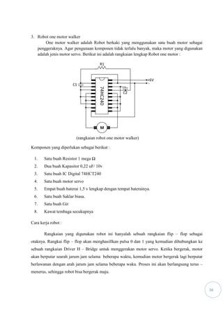 16
3. Robot one motor walker
One motor walker adalah Robot berkaki yang menggunakan satu buah motor sebagai
penggeraknya. Agar pengunaan komponen tidak terlalu banyak, maka motor yang digunakan
adalah jenis motor servo. Berikut ini adalah rangkaian lengkap Robot one motor :
(rangkaian robot one motor walker)
Komponen yang diperlukan sebagai berikut :
1. Satu buah Resistor 1 mega Ω
2. Dua buah Kapasitor 0,22 uF/ 10v
3. Satu buah IC Digital 74HCT240
4. Satu buah motor servo
5. Empat buah baterai 1,5 v lengkap dengan tempat baterainya.
6. Satu buah Saklar biasa.
7. Satu buah Gir
8. Kawat tembaga secukupnya
Cara kerja robot :
Rangkaian yang digunakan robot ini hanyalah sebuah rangkaian flip – flop sebagai
otaknya. Rangkai flip – flop akan menghasillkan pulsa 0 dan 1 yang kemudian dihubungkan ke
sebuah rangkaian Driver H – Bridge untuk menggerakan motor servo. Ketika bergerak, motor
akan berputar searah jarum jam selama beberapa waktu, kemudian motor bergerak lagi berputar
berlawanan dengan arah jarum jam selama beberapa waku. Proses ini akan berlangsung terus –
menerus, sehingga robot bisa bergerak maju.
-
+6V
C2
C1
R1
74HC240
M
 