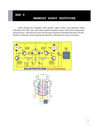 22
Robot photopovore merupakan robot pengikut cahaya. Sensor yang digunakan adalah
Fothodioda atau LDR. Agar robot dapat bergerak mengikuti cahaya, maka harus menggunakan
dua buah sensor . kemudian dua sensor tersebut akan mengontrol pergerakan dua buah motor DC.
Berikut ini berberapa contoh rangkaian dan spesifikasi robot photovore yang sering dibuat :
BAB 6
MEMBUAT ROBOT PHOTOVORE
 