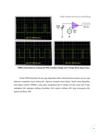 48
Pokok PWM dijelaskan di atas juga digunakan dalam mikrokontroler modern saat ini, tapi
bukannya mengolah sinyal analog lalu diproses menjadi sinyal digital. Sinyal ramp digantikan
oleh digital counter (TIMER ) yang akan menghitung dari 0 sampai 255 dan mulai dari 0 lagi,
sedangkan titik tegangan ambang disediakan oleh register ambang titik yang memegang nilai
digital (misalnya 100).
 