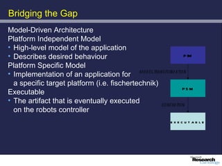 Bridging the Gap
Model-Driven Architecture
Platform Independent Model
• High-level model of the application
• Describes desired behaviour                                P IM

Platform Specific Model
• Implementation of an application for model transformation
  a specific target platform (i.e. fischertechnik)
                                                            PS M
Executable
• The artifact that is eventually executed         generation
  on the robots controller
                                                         exec utable
 