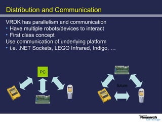 Distribution and Communication
VRDK has parallelism and communication
• Have multiple robots/devices to interact
• First class concept
Use communication of underlying platform
• i.e. .NET Sockets, LEGO Infrared, Indigo, …



             PC


                                                future
 