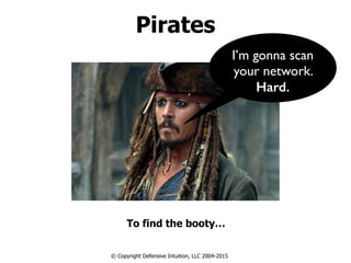 Pirates
To find the booty…
© Copyright Defensive Intuition, LLC 2004-2015
I’m gonna scan
your network.
Hard.
 