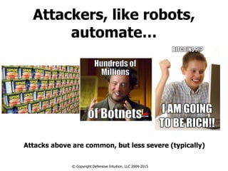 Attackers, like robots,
automate…
Attacks above are common, but less severe (typically)
© Copyright Defensive Intuition, LLC 2004-2015
 
