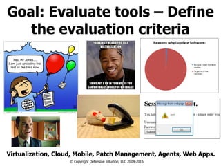 Goal: Evaluate tools – Define
the evaluation criteria
Virtualization, Cloud, Mobile, Patch Management, Agents, Web Apps.
© Copyright Defensive Intuition, LLC 2004-2015
 
