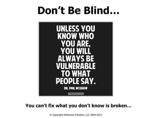 Don’t Be Blind…
You can’t fix what you don’t know is broken…
© Copyright Defensive Intuition, LLC 2004-2015
 