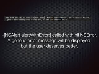 -[NSAlert alertWithError:] called with nil NSError.
A generic error message will be displayed,
but the user deserves better.
 