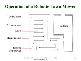 Operation of a Robotic Lawn MowerOperation of a Robotic Lawn Mower
D E S I G N A N D A P P L I C A T I O N S O F I N D U S T R I A L R O B O T S
S A B A R I G I R I V A S A N . R
Turning point
Perimeter path
Lawn
Magnetic strip
Robotic
lawn mower
Building
162
 