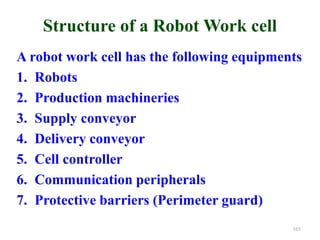 Structure of a Robot Work cell
A robot work cell has the following equipments
1. Robots
2. Production machineries
3. Supply conveyor
4. Delivery conveyor
5. Cell controller
6. Communication peripherals
7. Protective barriers (Perimeter guard)
165
 