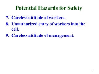 Potential Hazards for Safety
7. Careless attitude of workers.
8. Unauthorized entry of workers into the
cell.
9. Careless attitude of management.
182
 