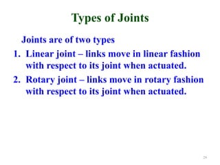 Types of Joints
Joints are of two types
1. Linear joint – links move in linear fashion
with respect to its joint when actuated.
2. Rotary joint – links move in rotary fashion
with respect to its joint when actuated.
29
 