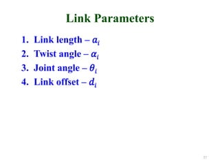 Link Parameters
1. Link length – 𝑎
2. Twist angle – 𝛼
3. Joint angle – 𝜃
4. Link offset – 𝑑
37
 