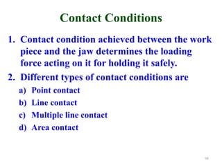Contact Conditions
1. Contact condition achieved between the work
piece and the jaw determines the loading
force acting on it for holding it safely.
2. Different types of contact conditions are
a) Point contact
b) Line contact
c) Multiple line contact
d) Area contact
98
 