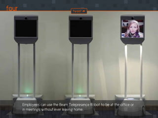 Employees can use the Beam Telepresence Robot to be at the office or
in meetings without ever leaving home.
four tweet
 