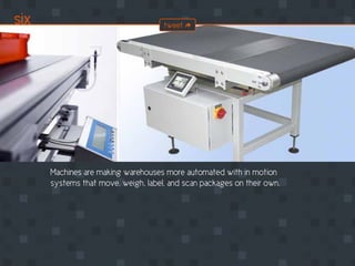 Machines are making warehouses more automated with in motion
systems that move, weigh, label, and scan packages on their own.
six tweet
 