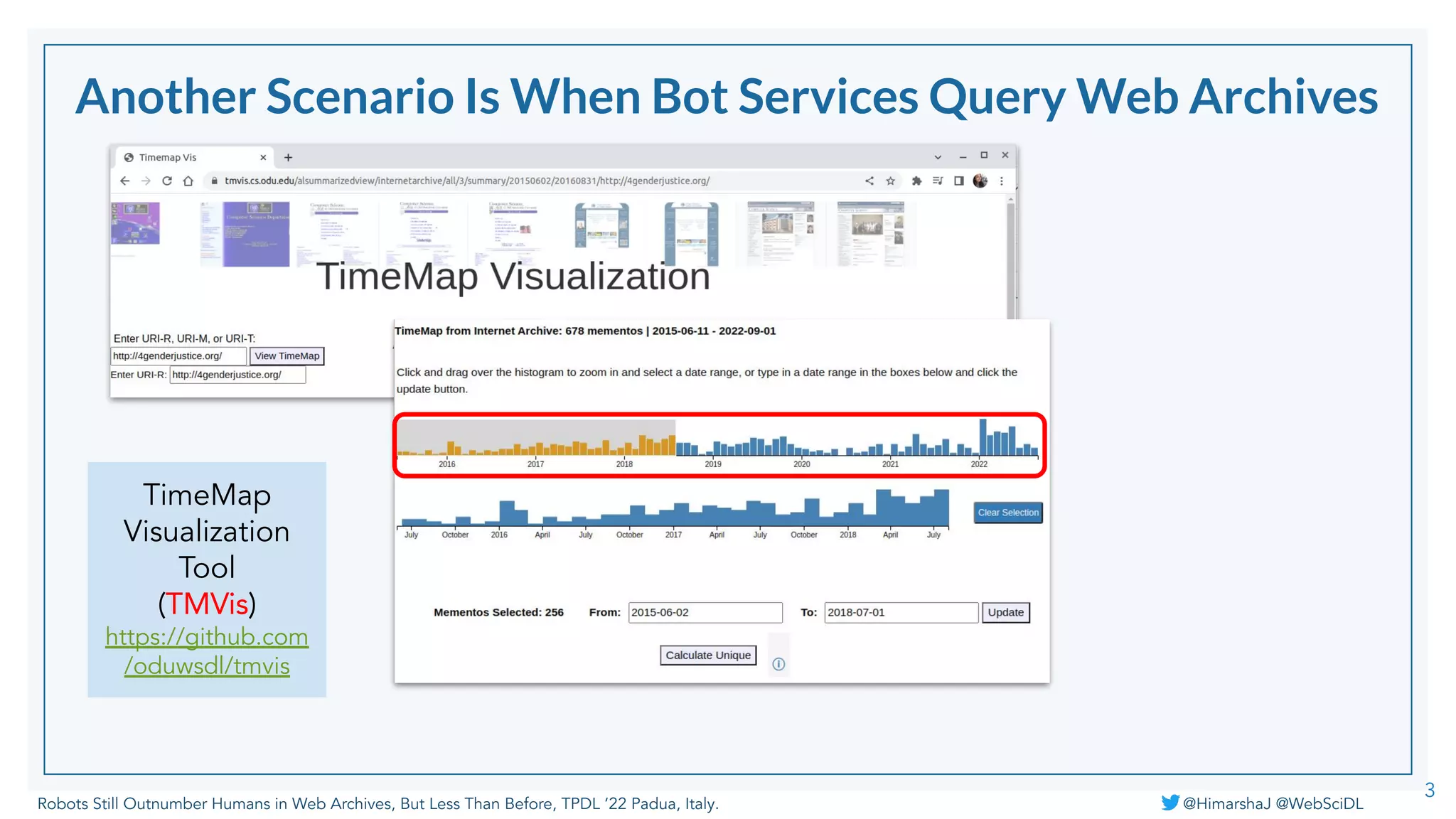 Robots Still Outnumber Humans in Web Archives, But Less Than Before, TPDL ‘22 Padua, Italy. @HimarshaJ @WebSciDL
Another Scenario Is When Bot Services Query Web Archives
3
TimeMap
Visualization
Tool
(TMVis)
https://github.com
/oduwsdl/tmvis
 