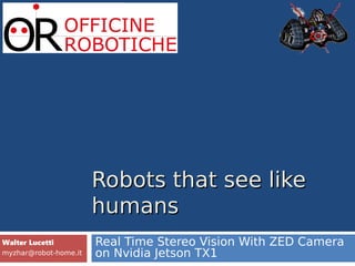 Robots that see likeRobots that see like
humanshumans
Real Time Stereo Vision With ZED Camera
on Nvidia Jetson TX1
Walter Lucetti
myzhar@robot-home.it
 
