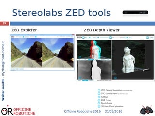 19
WalterLucetti–myzhar@robot-home.it
Stereolabs ZED tools
ZED Explorer ZED Depth Viewer
21/05/2016Officine Robotiche 2016
 