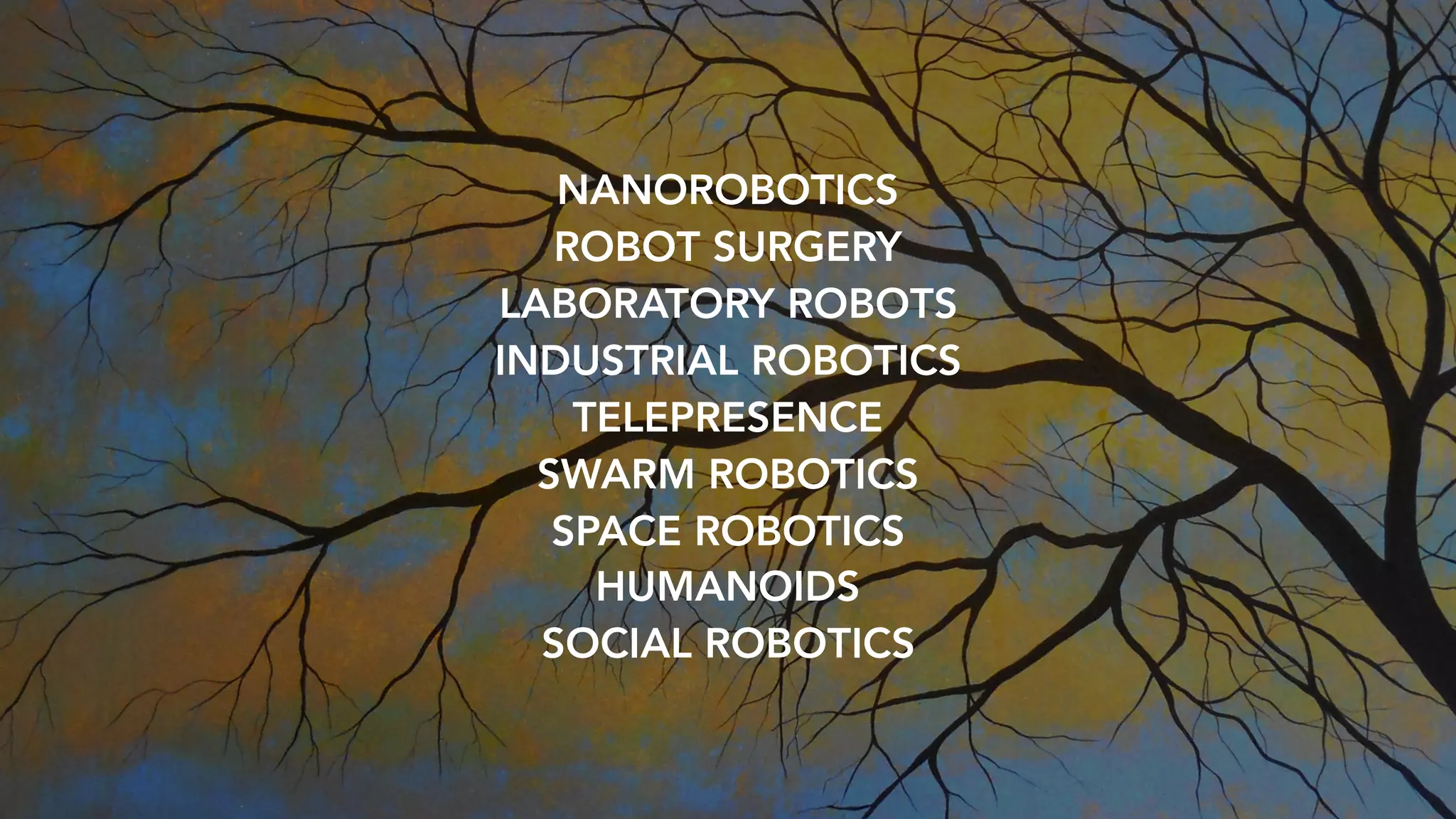 NANOROBOTICS
ROBOT SURGERY
LABORATORY ROBOTS
INDUSTRIAL ROBOTICS
TELEPRESENCE
SWARM ROBOTICS
SPACE ROBOTICS
HUMANOIDS
SOCIAL ROBOTICS
 