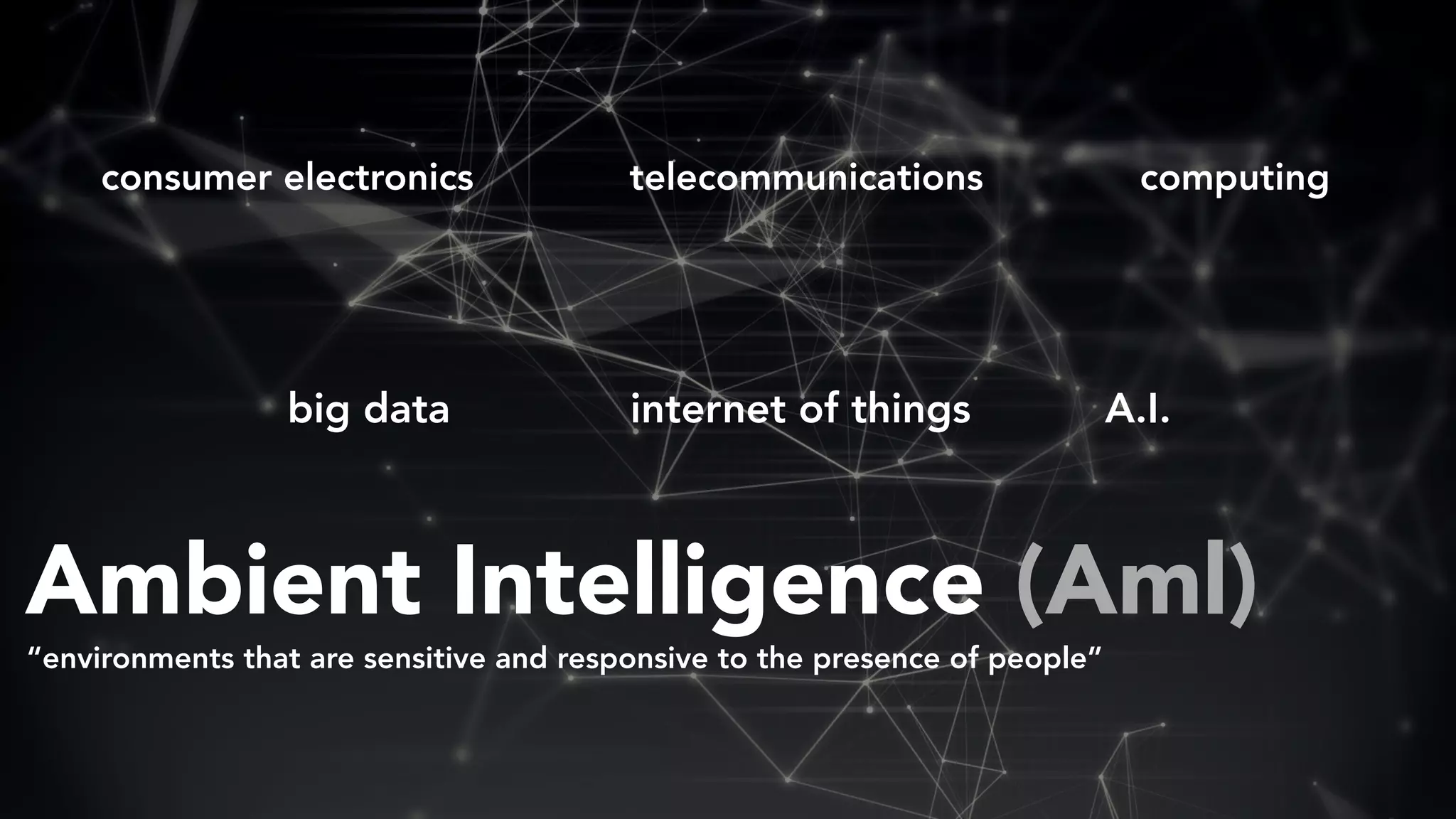 Ambient Intelligence (Aml)
“environments that are sensitive and responsive to the presence of people”
consumer electronics telecommunications computing
big data internet of things A.I.
 