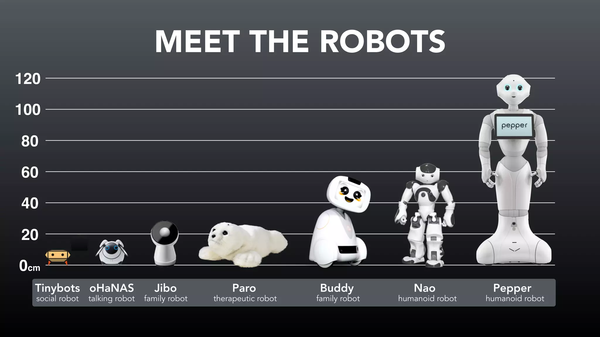20
40
60
80
100
120
Jibo
MEET THE ROBOTS
0cm
family robot
oHaNAS
talking robot
Paro
therapeutic robot
Buddy
family robot
Nao
humanoid robot
Pepper
humanoid robot
Tinybots
social robot
 