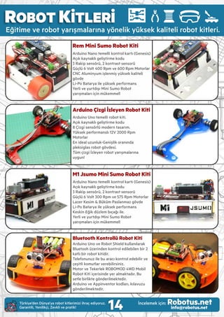 ROBOT KİTLERİ
Eğ t me ve robot yarışmalarına yönel k yüksek kal tel robot k tler .
Rem Mini Sumo Robot Kiti
Ardu no Nano temell kontrol kartı (Genes s)
Açık kaynaklı gel şt rme kodu
3 Rak p sensörü, 2 kontrast sensorü
Güçlü 6 Volt 400 Rpm ve 600 Rpm Motorlar
CNC Alum nyum şlenm ş yüksek kal tel
gövde
L -Po Batarya le yüksek performans
Yerl ve yurtdışı M n Sumo Robot
yarışmaları ç n mükemmel!
Arduino Çizgi İzleyen Robot Kiti
Ardu no Uno temell robot k t .
Açık kaynaklı gel şt rme kodu
8 Ç zg sensörlü modern tasarım.
Yüksek performanslı 12V 2000 Rpm
Motorlar
En deal uzunluk-Gen şl k oranında
pleks glas robot gövdes .
Tüm ç zg İzleyen robot yarışmalarına
uygun!
M1 Jsumo Mini Sumo Robot Kiti
Ardu no Nano temell kontrol kartı (Genes s)
Açık kaynaklı gel şt rme kodu
3 Rak p sensörü, 2 kontrast sensorü
Güçlü 6 Volt 300 Rpm ve 575 Rpm Motorlar
Lazer Kes m & Büküm Paslanmaz gövde
L -Po Batarya le yüksek performans
Kesk n Eğ k düzlem bıçağı le.
Yerl ve yurtdışı M n Sumo Robot
yarışmaları ç n mükemmel!
Bluetooth Kontrollü Robot Kiti
Ardu no Uno ve Robot Sh eld kullanılarak
Bluetooh üzer nden kontrol ed leb len b r 2
katlı b r robot k t d r.
Telefonunuz le bu aracı kontrol edeb l r ve
çeş tl komutlar vereb l rs n z.
Motor ve Tekerlek ROBOMOD 4WD Mob l
Robot K t çer s nde yer almaktadır. Bu
setle b rl kte gönder lmekted r.
Ardu no ve App nventor kodları, kılavuzu
gönder lmekted r.
14Türk ye’den Dünya’ya robot k tler m z hraç ed yoruz.
Garant l , Yen l kç , Zevkl ve prat k!
İncelemek ç n: Robotus.netinfo@robotus.net
 