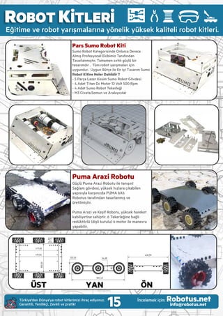 Predator Mini Sumo Robot Kiti
Ardu no Nano temell kontrol kartı (Genes s)
Açık kaynaklı gel şt rme kodu
3 Rak p sensörü, 2 kontrast sensorü
Güçlü 6 Volt 400 Rpm ve 600 Rpm Motorlar
CNC Alum nyum şlenm ş yüksek kal tel
gövde
M n Sumo Robot yarışmaları ç n mükemmel!
ROBOT KİTLERİ
Eğ t me ve robot yarışmalarına yönel k yüksek kal tel robot k tler .
Pars Sumo Robot Kiti
Sumo Robot Kategor s nde Onlarca Derece
Almış Profesyonel Ek b m z Tarafından
Tasarlanmıştır. Tamamen zırhlı güçlü b r
tasarımdır . Tüm robot yarışmaları ç n
uygundur. Uygun Bütçe ile En iyi Tasarım Sumo
Robot Kitine Neler Dahildir ?
- 5 Parça Lazer Kes m Sumo Robot Gövdes
- 4 Adet T tan Dc Motor 12 Volt 500 Rpm
- 4 Adet Sumo Robot Tekerleğ
- M3 Civata,Somun ve Aralayıcılar
Puma Arazi Robotu
Güçlü Puma Araz Robotu le tanışın!
Sağlam gövdes , yüksek hızlara çıkab len
yapısıyla karşınızda PUMA 6X6
Robotus tarafından tasarlanmış ve
üret lm şt r.
Puma Araz ve Keş f Robotu, yüksek hareket
kab l yet ne sah pt r. 6 Tekerleğ ne bağlı
redüktörlü (d şl kutulu) 6 motor le manevra
yapab l r.
15Türk ye’den Dünya’ya robot k tler m z hraç ed yoruz.
Garant l , Yen l kç , Zevkl ve prat k!
İncelemek ç n: Robotus.netinfo@robotus.net
 
