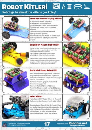 Predator Mini Sumo Robot Kiti
Ardu no Nano temell kontrol kartı (Genes s)
Açık kaynaklı gel şt rme kodu
3 Rak p sensörü, 2 kontrast sensorü
Güçlü 6 Volt 400 Rpm ve 600 Rpm Motorlar
CNC Alum nyum şlenm ş yüksek kal tel
gövde
M n Sumo Robot yarışmaları ç n mükemmel!
ROBOT KİTLERİ
Robot ğe başlamak bu k tlerle çok kolay!
Temel Seri Arduino’lu Çizgi Robotu
Ardu no Uno temell robot k t .
Açık kaynaklı gel şt rme kodu
3 Ç zg Sensörlü, kolay montajlanab l r.
Öğrenme ç n uygun 6V 300 Rpm Dc
Motorlar
En deal uzunluk-Gen şl k oranında
pleks glas robot gövdes .
Robosh eld Ardu no sh eld le herkes ç n!
Tüm ç zg İzleyen robot yarışmalarına
uygun!
Engelden Kaçan Robot Kiti
Montajı en bas t robot k t m zle robot ğe adım atın!
Kolayca montajını yapab leceğ n z bas t robot
k t m zle Robot kle tanışab l rs n z.
Prex Engelden Kaçan Robot K t m z kend
gel şt rd ğ m z Rokart V.4 kullanmaktadır.
Gel şt r lmeye açıktır. Tekn k desteğ vardır.
Eks ks z malzemeler yle gönder lmekted r. (Robot
ç n gereken tüm malzemeler yollanmaktadır)
Teknik yardım ve açık program desteklidir.
Basit Mini Sumo Robot Kiti
Bas t, montajı 1 saat geçmeyen k t m zd r.
Proje ödevler ç n de deal b r seçenekt r.
Tüm m n sumo robot yarışmaları ç n uygun
b r m n sumo k t d r.
Başlatma modülü g r ş yle Meb Robot
Yarışmasına uygundur.
Robotun ölçüler 96mm x 100mm x
75mm'd r. P ls z montajlı ağırlığı 300 gr'dır.
(Tüm robot yarışmalarına uygun ölçülerd r)
mBot Kitleri
MakeBlock mBOT Robot K tler le Tanışın !
Kullanımı ve kurulumu en bas t robot k t d r
B r çok okulda (İlkokul-L se-Ün vers te) her
yaş grubundak öğrenc ler ç n uygundur. Bu
k tler kullanan öğrenc ler m z geleceğ n
mühend sler ve b l m adamları olma
yolunda lk adımları atmış olacaklardır.
17 İncelemek ç n: Robotus.netinfo@robotus.net
Temel sev ye k tler m zle robot ğe
kolayca g r ş yapab l rs n z.
 