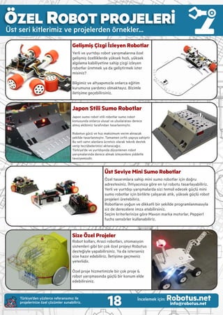 Predator Mini Sumo Robot Kiti
Ardu no Nano temell kontrol kartı (Genes s)
Açık kaynaklı gel şt rme kodu
3 Rak p sensörü, 2 kontrast sensorü
Güçlü 6 Volt 400 Rpm ve 600 Rpm Motorlar
CNC Alum nyum şlenm ş yüksek kal tel
gövde
M n Sumo Robot yarışmaları ç n mükemmel!
ÖZEL ROBOT PROJELERİ
Üst ser k tler m z ve projelerden örnekler...
Gelişmiş Çizgi İzleyen Robotlar
Yerl ve yurtdışı robot yarışmalarına özel
gel şm ş özell klerde yüksek hızlı, yüksek
algılama kab l yet ne sah p ç zg zleyen
robotlar üretmek ya da gel şt rmek ster
m s n z?
B lg m z ve altyapımızla onlarca eğ t m
kurumuna yardımcı olmaktayız. B z mle
let ş me geçeb l rs n z.
Japon Stili Sumo Robotlar
Japon sumo robot st l robotlar sumo robot
konusunda onlarca ulusal ve uluslararası derece
almış ek b m z tarafından tasarlanmıştır.
Robotun gücü ve hızı maks mum ver m alınacak
şek lde tasarlanmıştır. Tamamen zırhlı yapıya sah pt r
Bu set satın alanlara ücrets z olarak tekn k destek
ver p tecrübeler m z aktaracağız.
Türk ye'de ve yurtdışında düzenlenen robot
yarışmalarında derece almak steyenlere ş ddetle
tavs yem zd r.
Size Özel Projeler
Robot kolları, Araz robotları, otomasyon
s stemler g b b r çok özel projey Robotus
desteğ yle yapab l rs n z. Ya da stersen z
s ze hazır edeb l r z. İlet ş me geçmen z
yeterl d r.
Özel proje h zmet m zle b r çok proje &
robot yarışmasında güçlü b r konum elde
edeb l rs n z.
Üst Seviye Mini Sumo Robotlar
Özel tasarımlara sah p m n sumo robotlar ç n doğru
adrestes n z. İht yacınıza göre en y robotu tasarlayab l r z.
Yerl ve yurtdışı yarışmalarda s z tems l edecek güçlü m n
sumo robotlar ç n b rl kte çalışarak at k, yüksek güçlü robot
projeler üreteb l r z.
Robotların yoğun ve d kkatl b r şek lde programlanmasıyla
s z de derecelere mza atab l rs n z.
Seç m kr terler n ze göre Maxon marka motorlar, Pepperl
fuchs sensörler kullanab l r z.
18 İncelemek ç n: Robotus.netinfo@robotus.net
Türk ye’den yüzlerce referansımız le
projeler n ze özel çözümler sunab l r z.
 